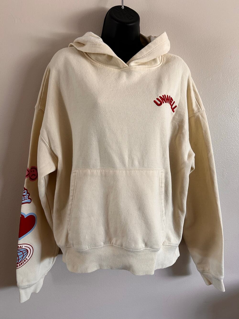 Unwell Until Further Notice Hoodie Small Cream Graphic Pullover Sweatshirt
